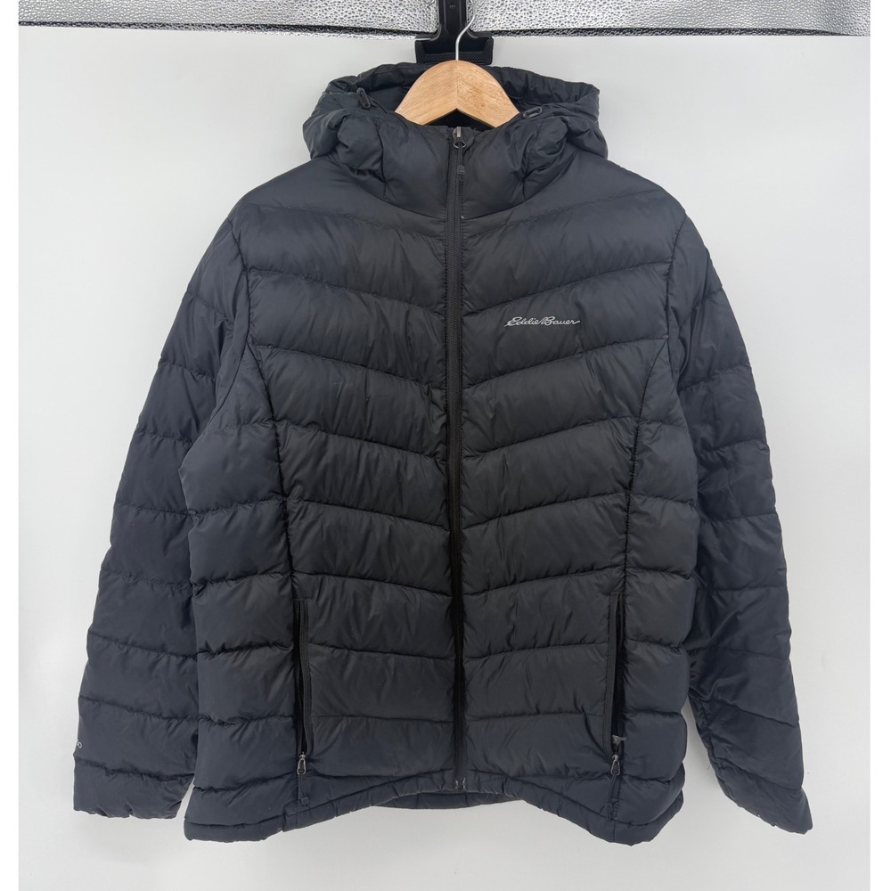 Eddie Bauer Womens XL Black Down Puffer Jacket Hooded Quilted Full Zip Coat